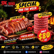 Special 1-Rack of 3-3.5lbs Ribs & 1- Package of 8 x 4oz Angus Burger Patties